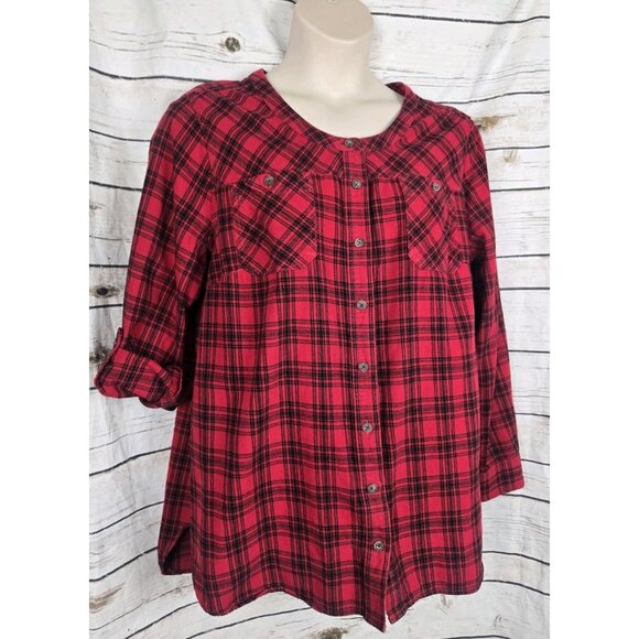 Duluth Trading Shirt Womens 2XL Red Plaid Flannel Button Up Roll Sleeves Cotton - Picture 2 of 6